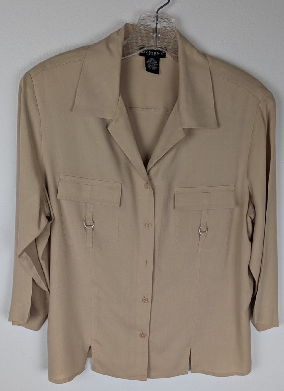 Bay studios career wear Beige wmns shirt Top 100% Silk Size Lge Bust44" CB 23.5"